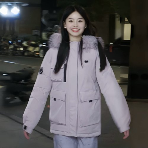 今年流行冰晶紫工装派克棉服女士新款韩版宽松棉袄大毛领棉衣外套