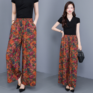 休闲九分裤 夏季 女人造棉松紧腰大码 子中老年妈妈阔腿裤 透气 棉绸裤