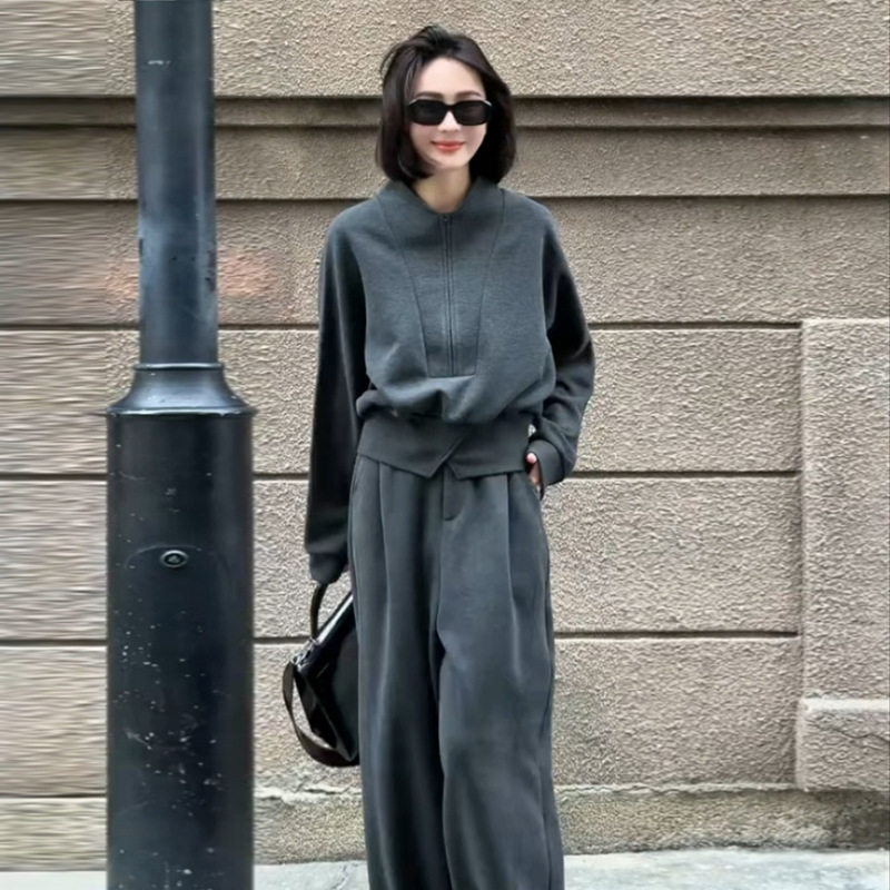 韩版洋气时尚休闲套装女秋冬气质宽松设计感慵懒风阔腿长裤两件套