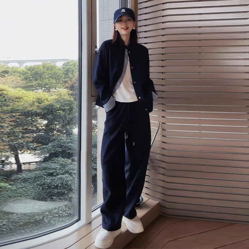 韩系休闲时尚套装女春秋格子拼接设计感小众卫衣外套阔腿裤两件套