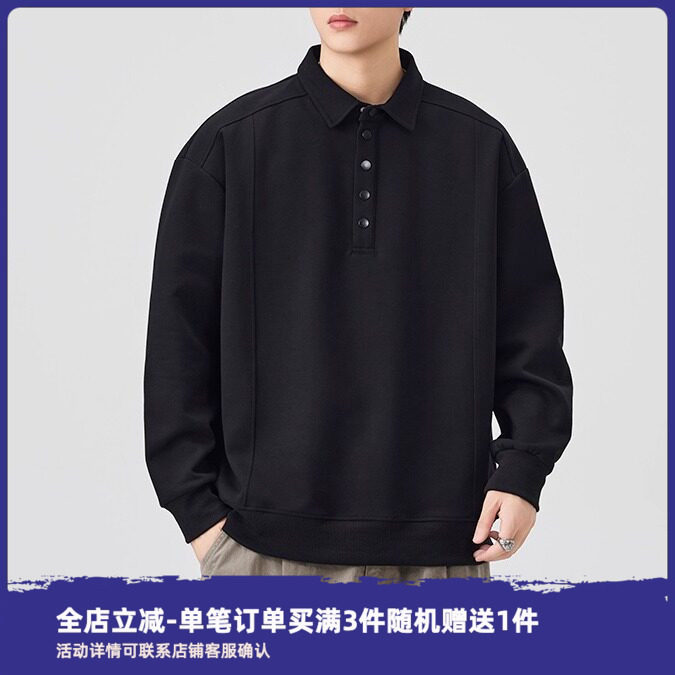 COOLJU裤局子男生秋冬加绒Cleanfit纽扣翻领宽松套头卫衣长袖Polo