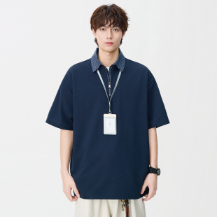 COOLJU裤局子男生夏季拉链套头日系复古潮牌格子翻领短袖POLO衫