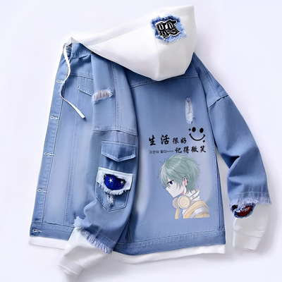 牛仔外套男潮牌假两件初中学生连帽小众夹克外穿春秋季美式上衣服