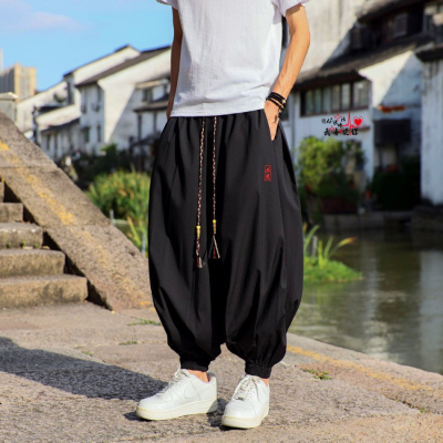 新中式男装束脚冰丝裤子垂感速干哈伦裤宽松大码中国风运动阔腿裤