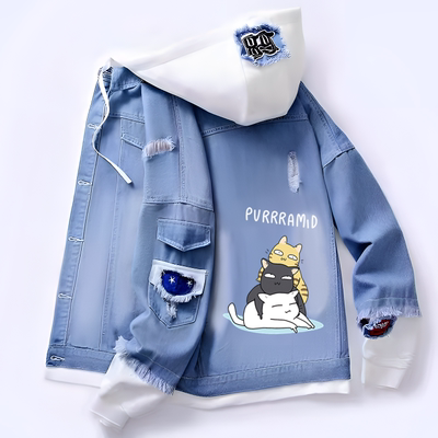 新款假两件拼接牛仔夹克男学生春秋卫衣潮牌宽松连帽帅气大童外套