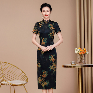 旗袍日常通勤2025新式改良复古民国风大码黑色妈妈夏季长款小个子