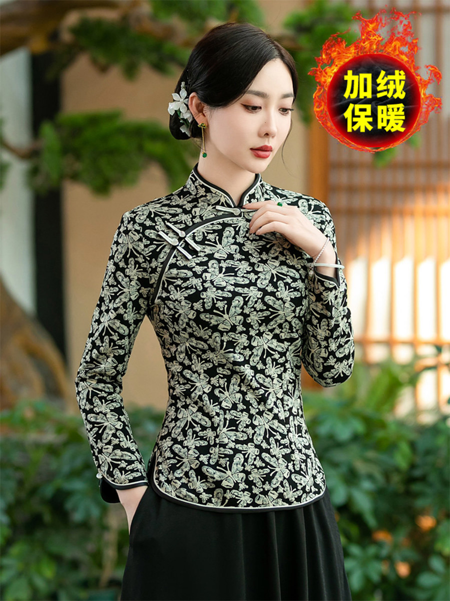 复古日常短款蝴蝶花旗袍小上衣