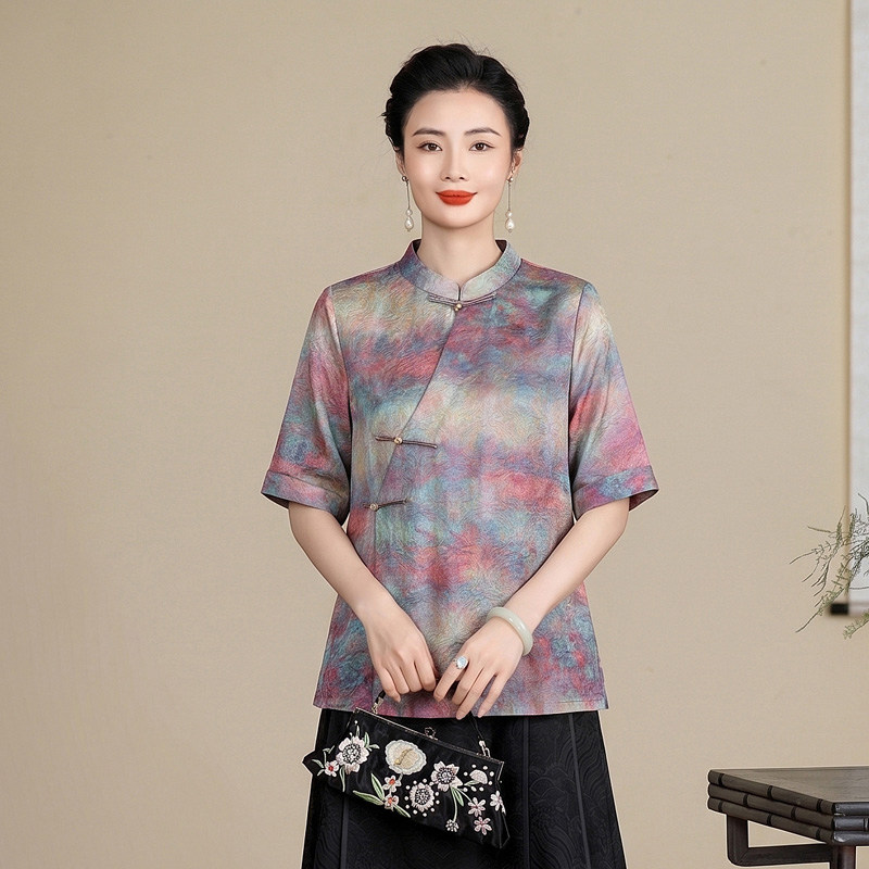 新中式国风立领五分袖上衣女宽松印花盘扣气质扎染风衬衫