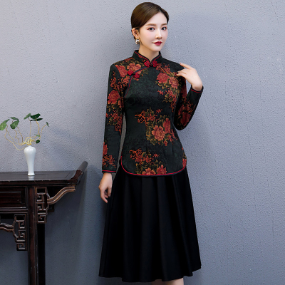 秋冬加绒长袖短款旗袍式上衣2024年复古中老年婚宴妈妈装日常改良