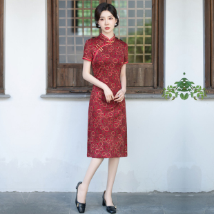 夏季新款旗袍式改良版连衣裙复古中年女时尚妈妈日常中长款A字裙