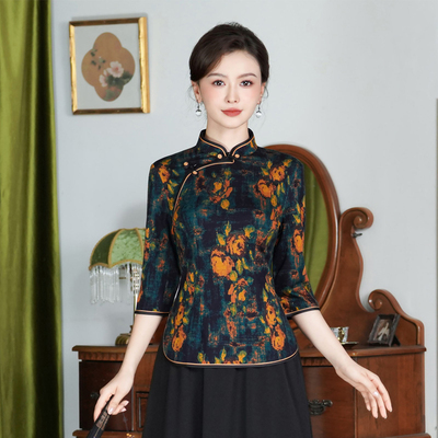 2025新式改良单件旗袍式上衣复古中年女日常妈妈春秋百搭国风小衫