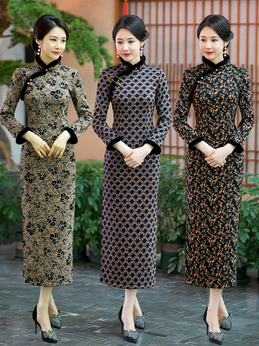 复古秋冬加绒中长款旗袍