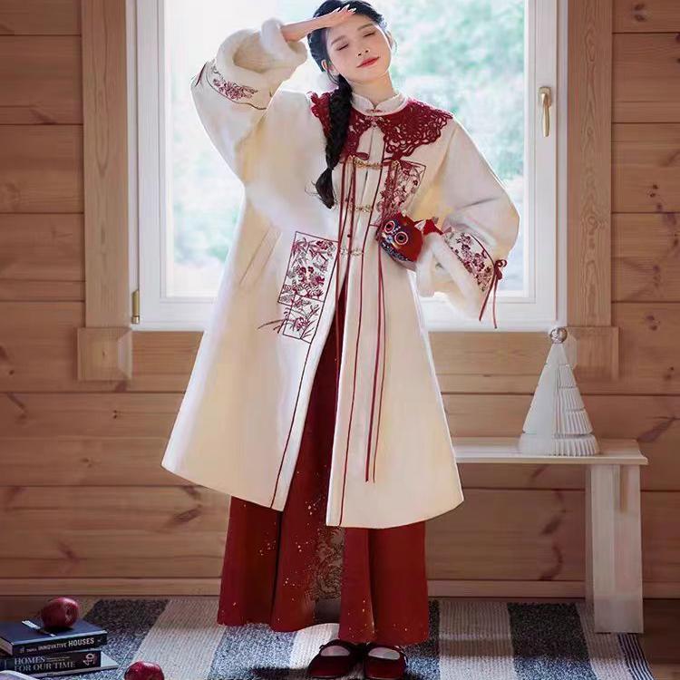 女刺绣对襟长袄连衣裙加厚秋冬季
