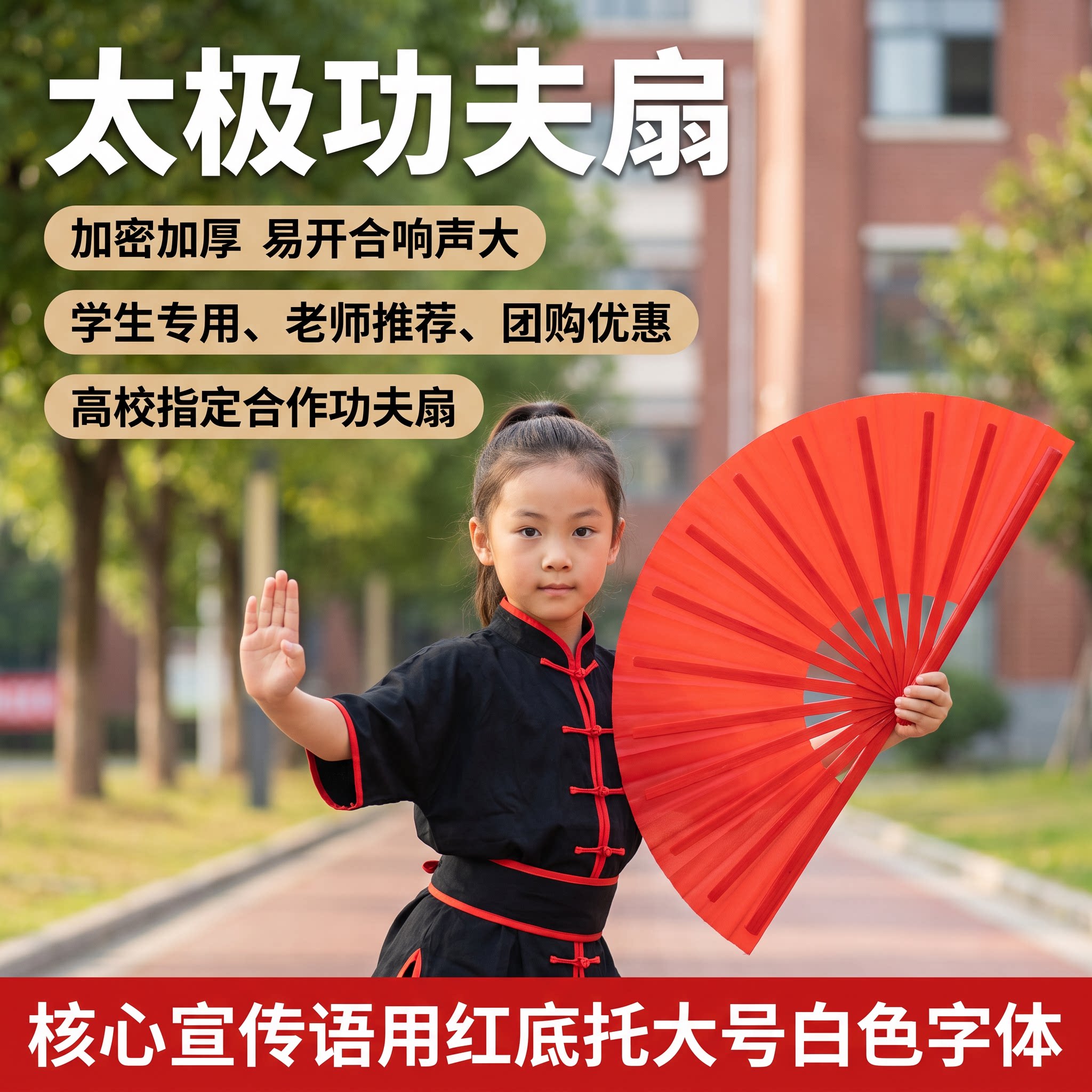 太极功夫扇儿童学生舞蹈扇8寸双面武术扇塑料折扇中国风响扇表演图片