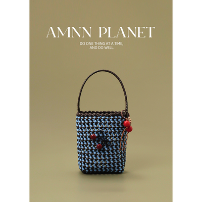 AMNN复古樱桃手工编织撞色小方包仿藤编织轻便度假出行日常手提包
