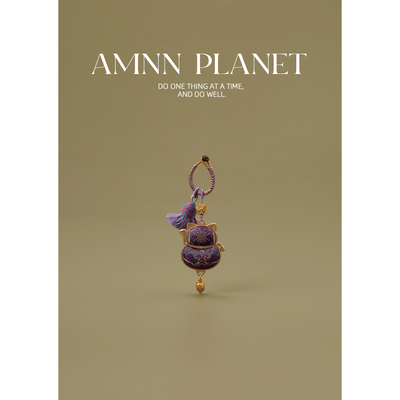 AMNN 非遗宋锦紫色招财猫钥匙扣新中式双面刺绣招财吊坠包包挂饰