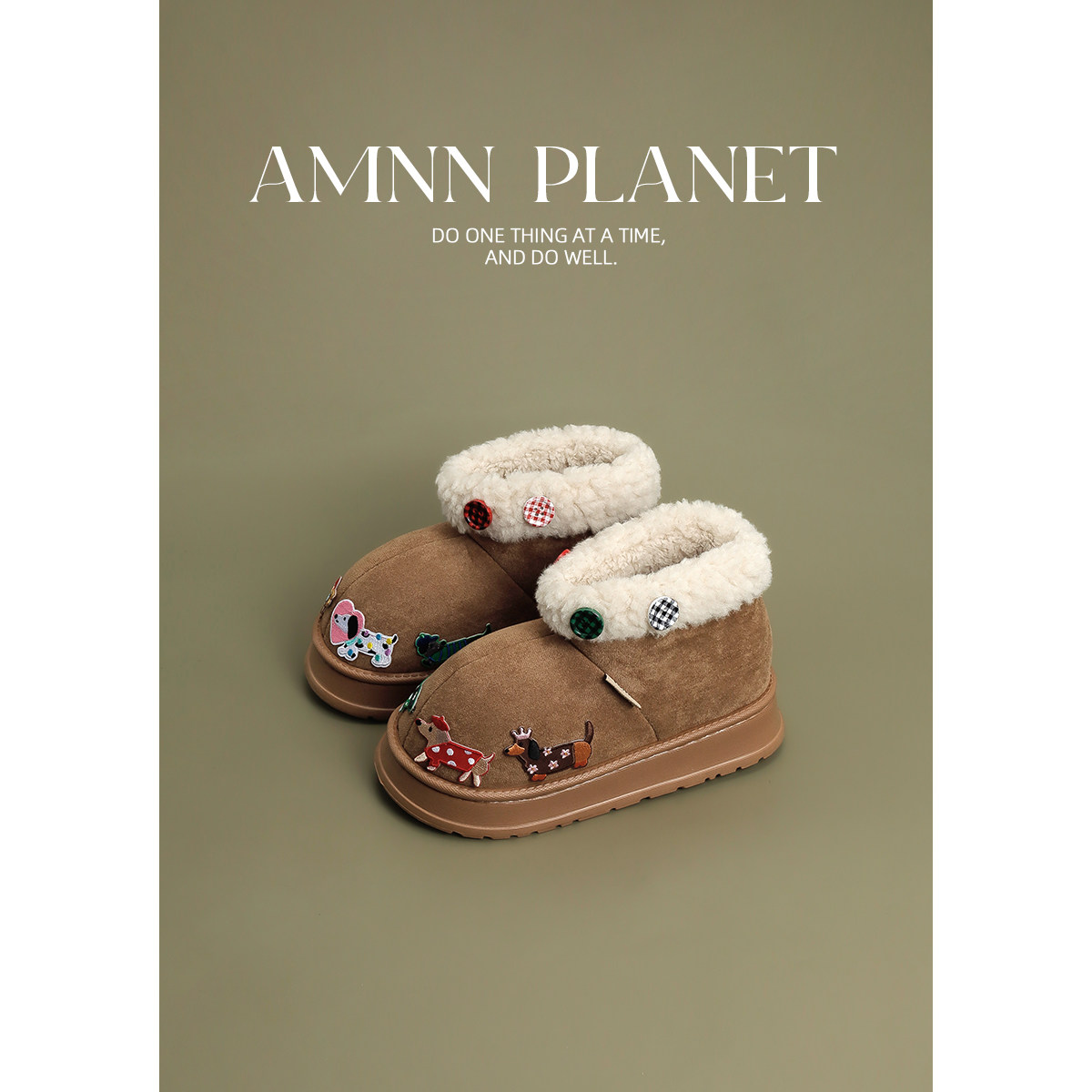 AMNN纽扣腊肠狗厚底雪地靴