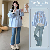 新款 小个子洋气民族风孕妇装 娃娃衫 孕妇上衣春季 宽松圆领减龄衬衫