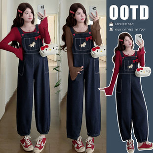 孕妇背带裤套装2026春装新款可爱小清新孕妇装外穿牛仔吊带裤子女