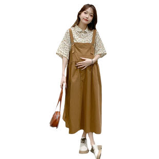 小清新孕妇连衣裙夏装时尚韩版森系孕妇装裙子翻领衬衣背带裙套装