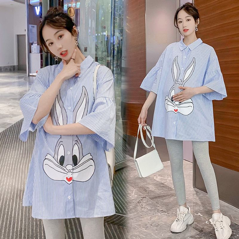 孕妇衬衫裙2020春夏新款半袖卡通条纹上衣套装宽松潮妈可爱连衣裙