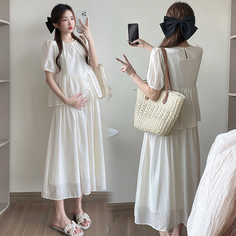 小清新孕妇连衣裙夏季薄款显瘦孕妇装假两件圆领休闲孕期个性裙子