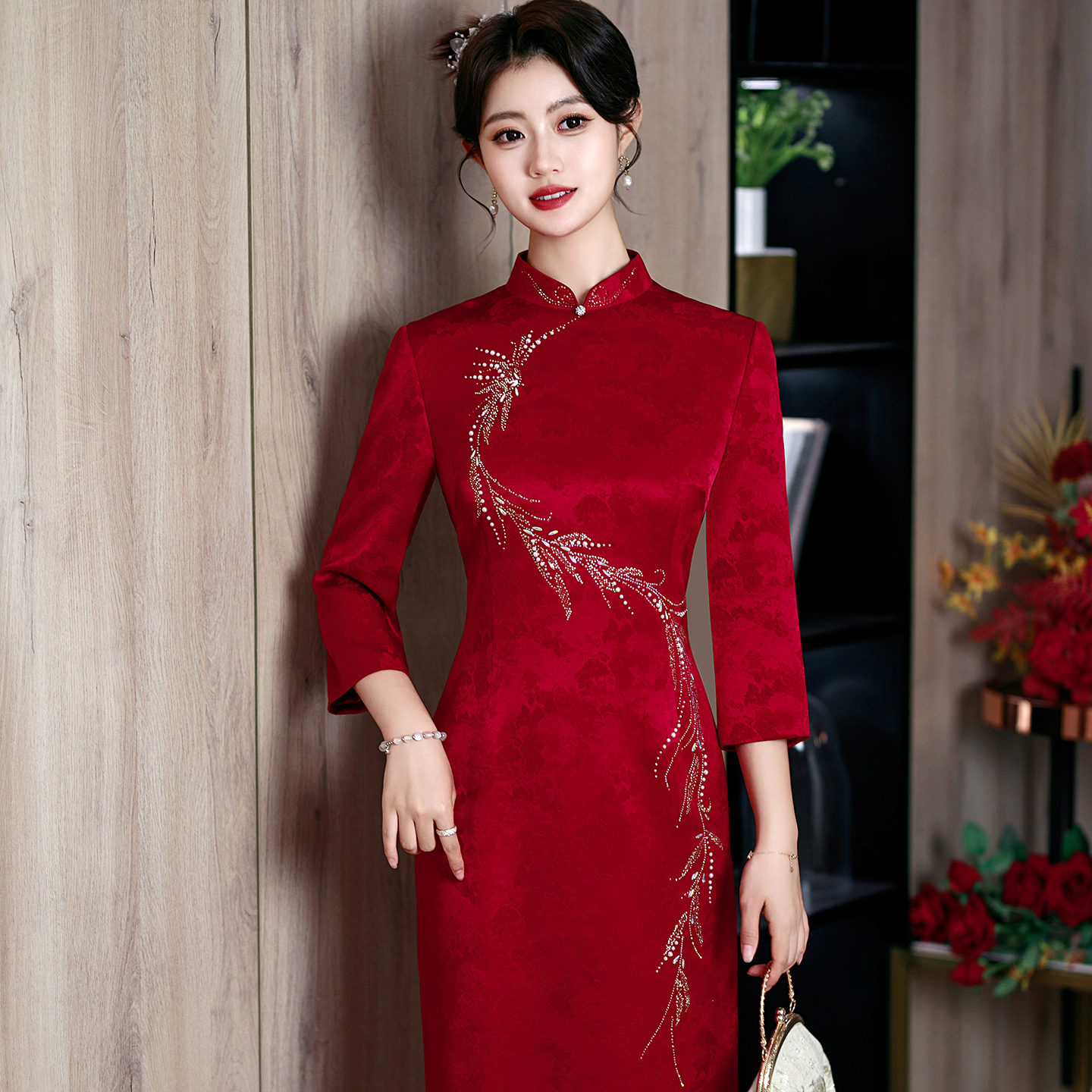 喜婆婆高贵长袖中式秋冬婚礼旗袍