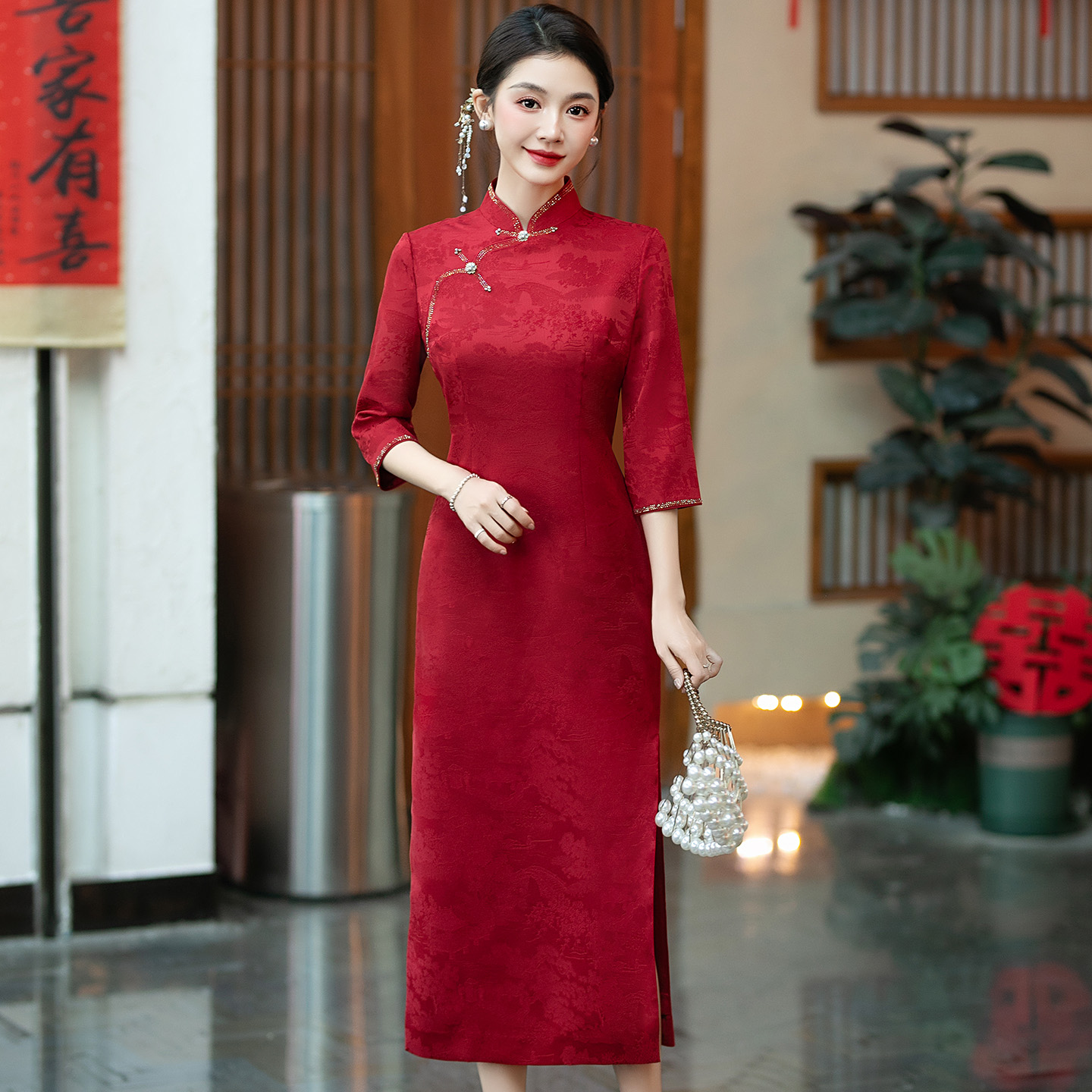 喜婆婆婚宴红色中长款七分袖旗袍