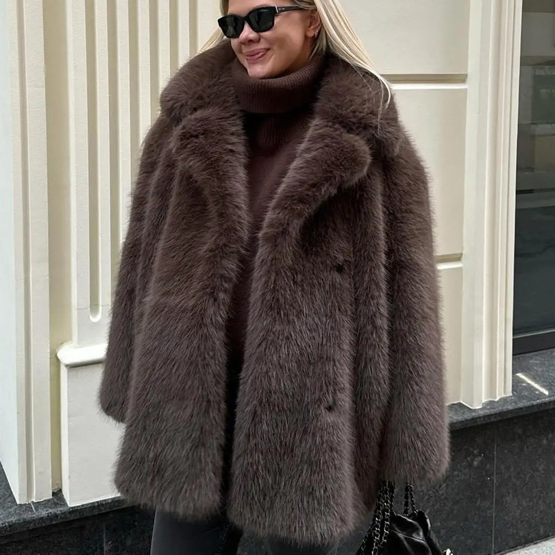 秋冬中长款毛毛大衣女欧美仿狐狸毛皮草厚外套保暖西装领Fur coat