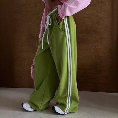 美式撞色条纹卫裤女春秋欧美外贸宽松运动风休闲直筒拖地裤Pants