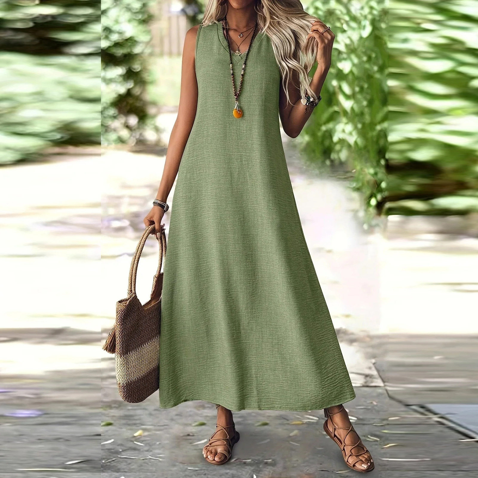 夏季欧美连衣裙跨境女装大码棉麻无袖V领宽松显瘦长款背心裙dress