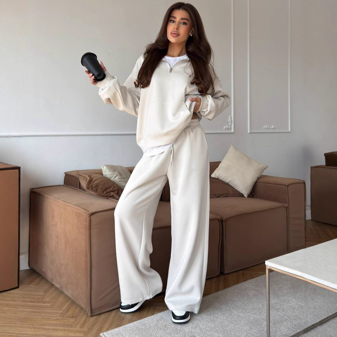 棉质半拉链卫衣女春秋宽松polo领欧美外贸直筒卫裤休闲二件套suit