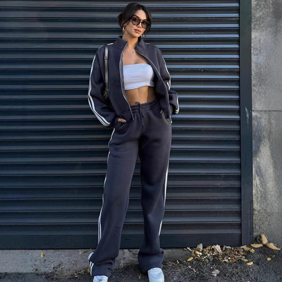 春秋运动休闲服女宽松时尚撞色卫衣欧美风外贸开衫长裤两件套suit