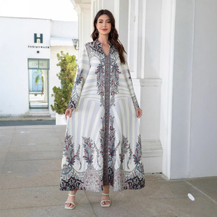 中东阿拉伯气质连衣裙女穆斯林印花钉珠度假旅游宽松长袍华丽裙子