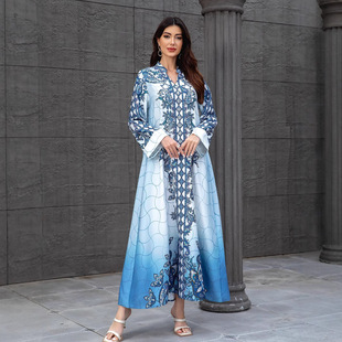 阿联酋迪拜印花宽松连衣裙女士中东穆斯林长袍旅游穿搭长裙子蓝色
