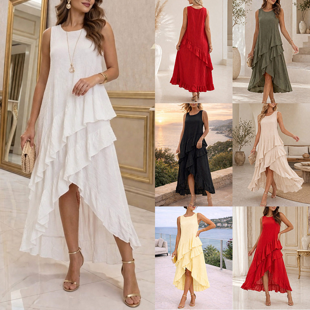 夏季不规则荷叶边无袖连衣裙女欧美风外贸宽松度假气质长裙dress