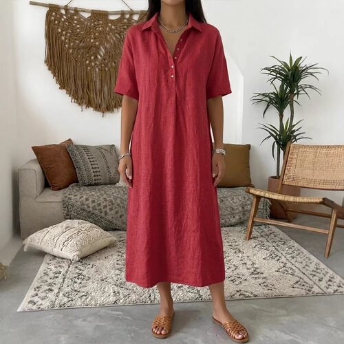 欧美风外贸亚麻polo领连衣裙女短袖宽松夏季高级感显瘦直筒长裙子