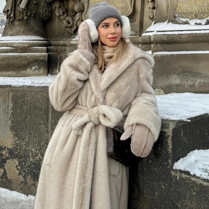欧美风外贸秋冬加厚长款连帽仿皮草外套女水貂绒柔软环保大衣coat