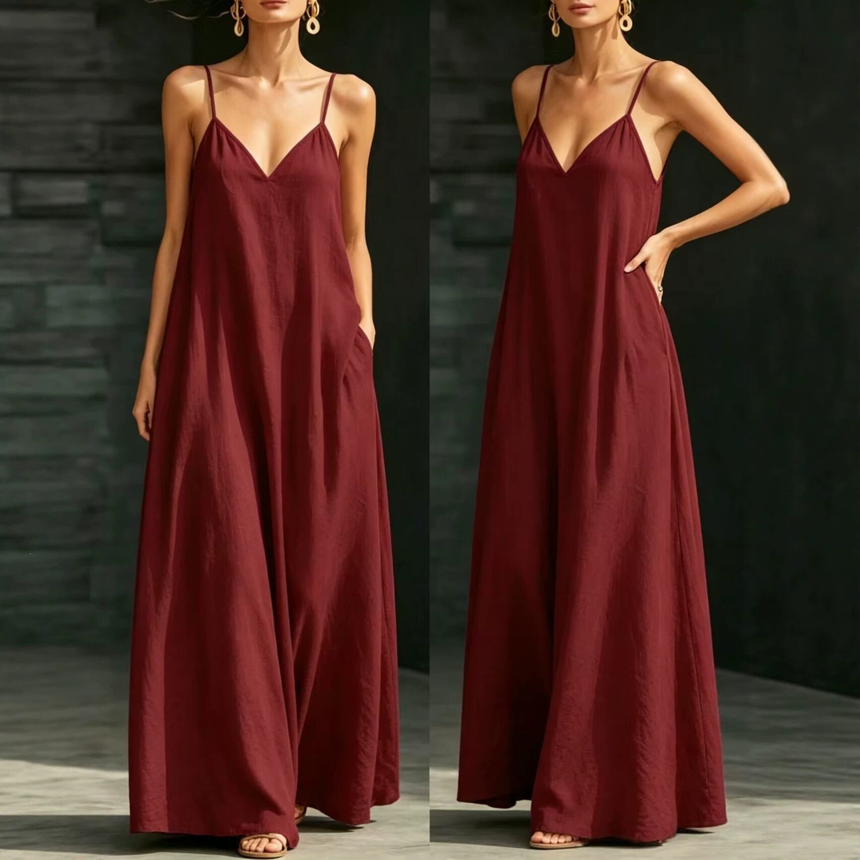 夏季吊带气质连衣裙女欧美外贸宽松度假旅游显瘦大摆长裙子dress