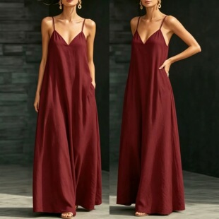 夏季吊带气质连衣裙女欧美外贸宽松度假旅游显瘦大摆长裙子dress