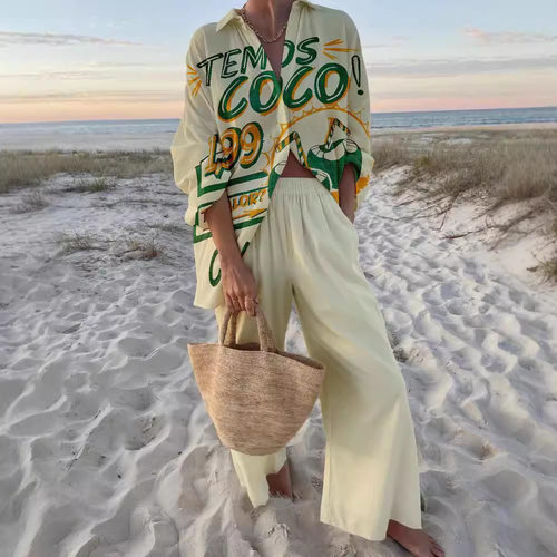 度假风邮轮穿搭海边热带印花衬衫女欧美外贸宽松沙滩阔腿裤两件套