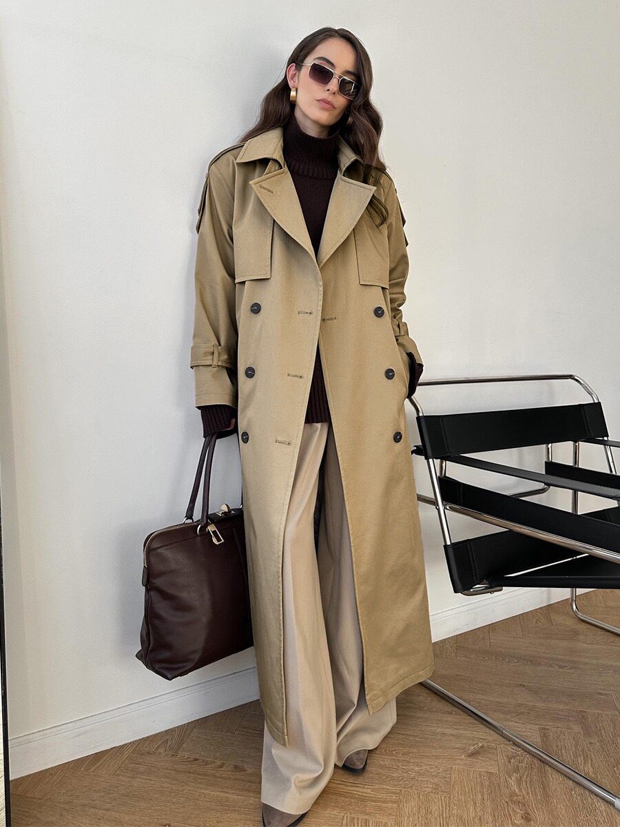 欧美外贸女装春秋新款宽松休闲长款风衣外套女高级感气质大衣Coat