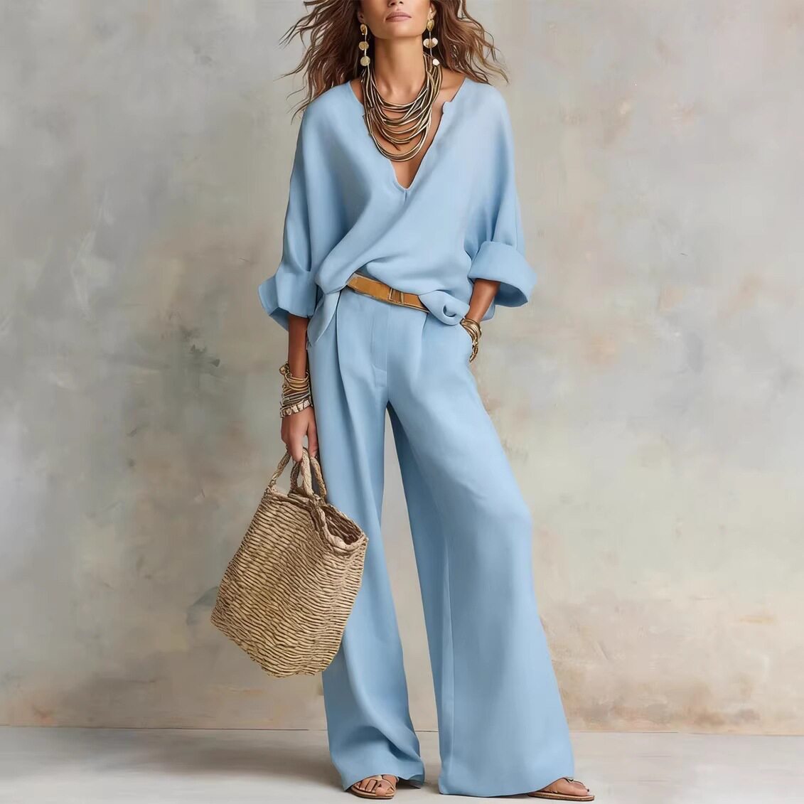 跨境休闲宽松上衣女大码外贸高腰长裤套装Fashion Two-piece set