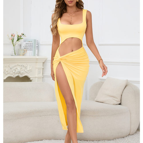 欧美风方领露腰开叉连衣裙女夏季外贸背心修身度假礼服长裙Dress