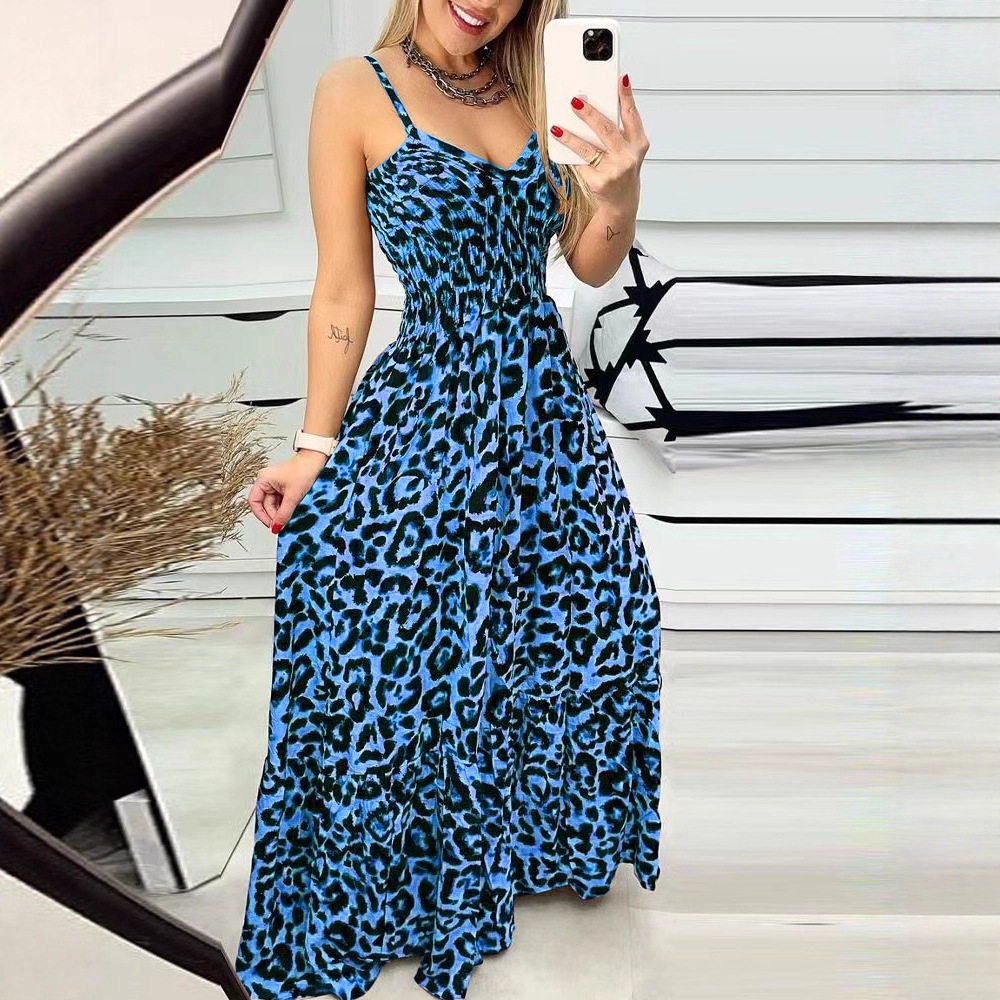 夏季复古豹纹吊带连衣裙女欧美外贸收腰大摆A字裙度假风长裙Dress