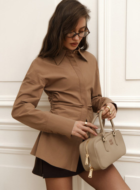 欧美风纯棉长袖衬衫女装春夏高级感polo翻领衬衣收腰气质外贸上衣