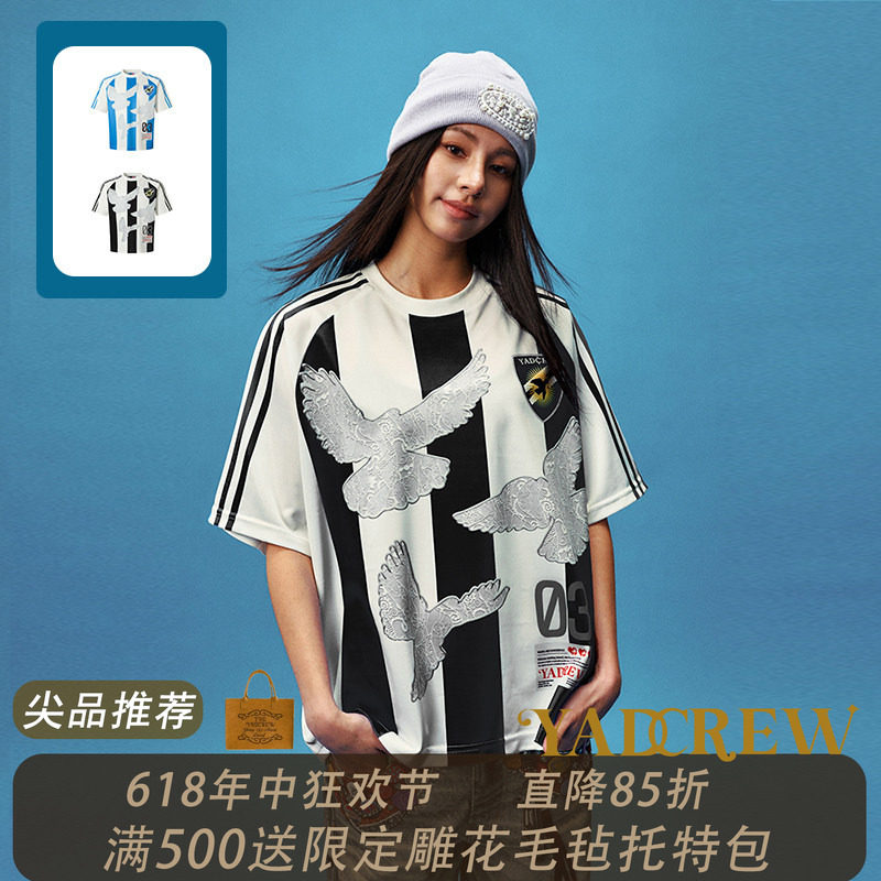 丁禹兮X郭喆X陈浚铭同款】YADcrew蕾丝印花和平鸽条纹球服短袖T恤
