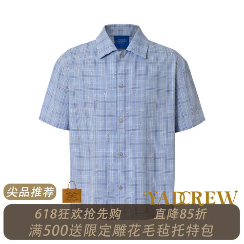 YADcrew蓝色星轨烫钻纯棉格子清爽蓝白格纹短袖衬衫满钻轻奢