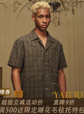 王佑硕&林沐然同款】YAD肌理银河闪钻格纹短袖衬衫复古翻领宽松