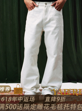 YADcrew立体压花巴洛克石雕立体压花复古街头男女白色做旧牛仔裤